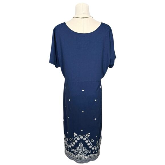 JW Los Angeles Blue Embroidered Cotton Boho Dress | Short Sleeve Tunic | XL - Picture 3 of 10
